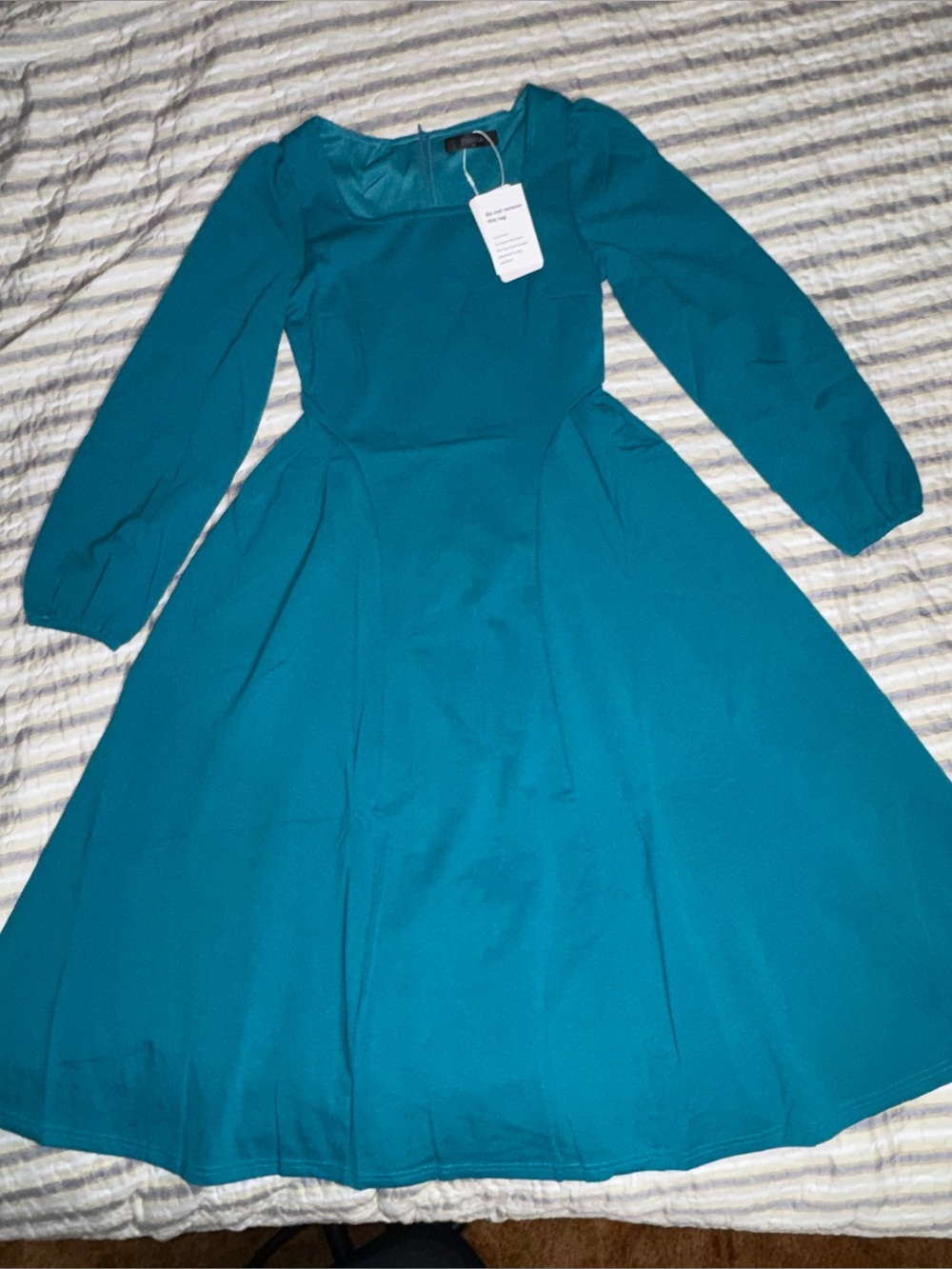 Teal Midi Dress Medium (Size US 8-10) Long Sleeve Square Neck A-Line Elegant